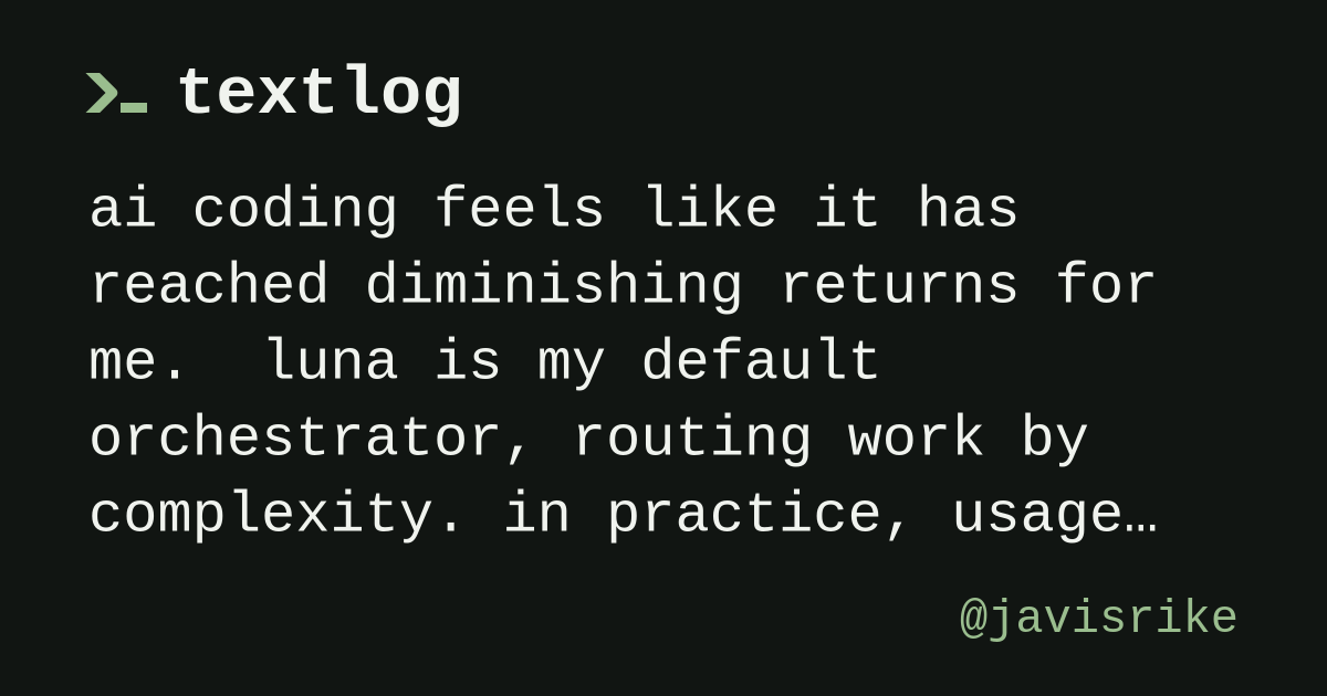 @javisrike: ai coding feels like it has reached diminishing returns for me. luna is my default orchestrator, routing work by complexity.